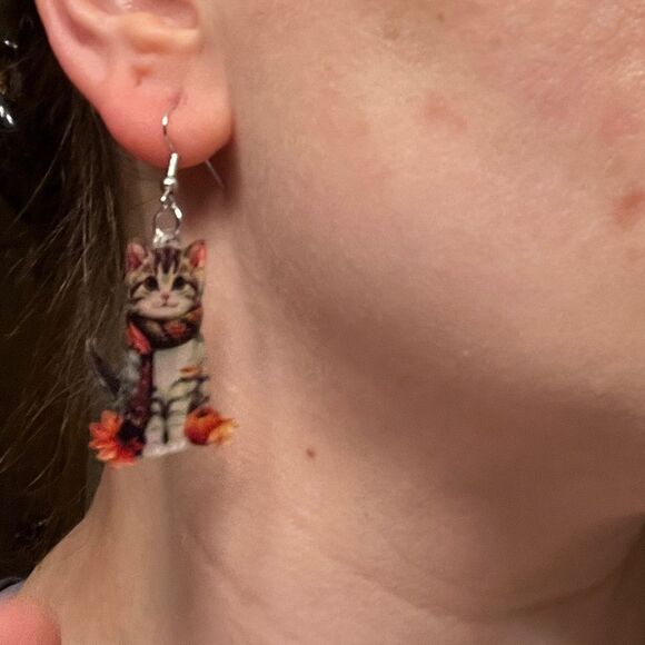 Cute Cat Acrylic Dangle drop Earrings fall colors autumn vibes - Picture 2 of 9
